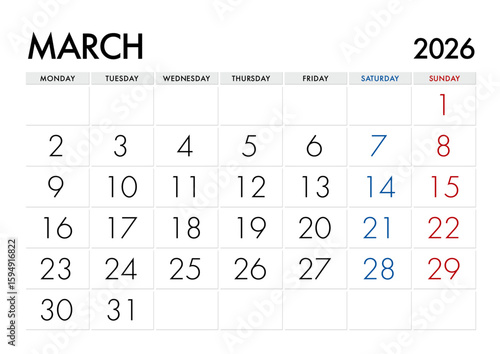2026年3月のカレンダー月曜始まり 日本の祝日表記無し