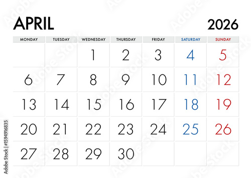 2026年4月のカレンダー月曜始まり 日本の祝日表記無し
