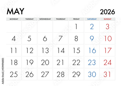 2026年5月のカレンダー月曜始まり 日本の祝日表記無し