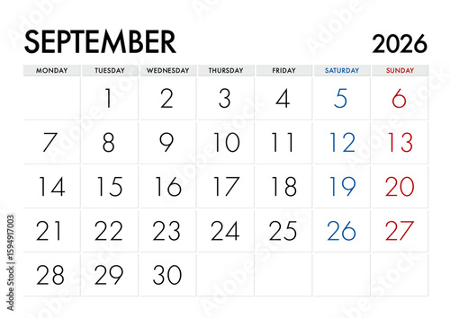 2026年9月のカレンダー月曜始まり 日本の祝日表記無し