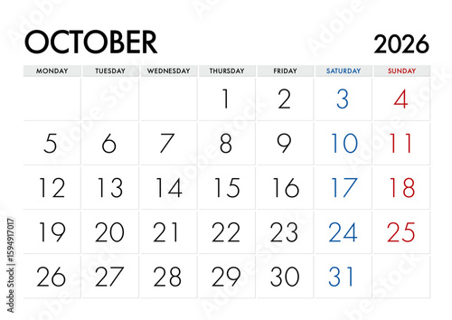2026年10月のカレンダー月曜始まり 日本の祝日表記無し