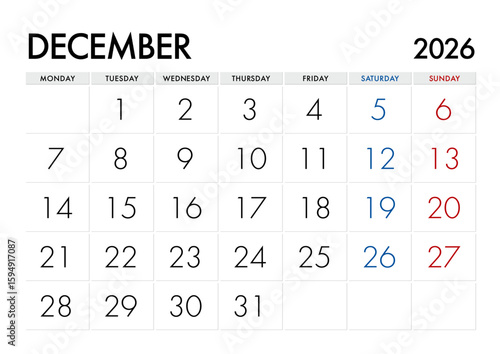 2026年12月のカレンダー月曜始まり