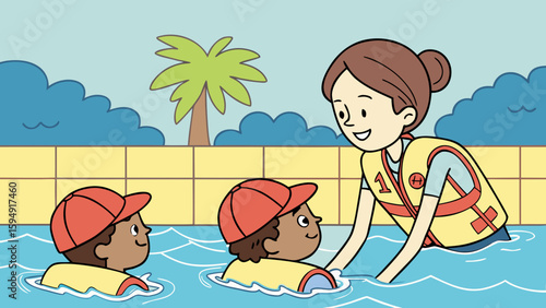 Swimming instructor teaching children in a pool with life vests
