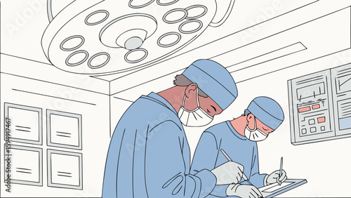 Two surgeons in scrubs and masks working in an operating room