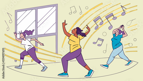 Three women dancing to music with notes and sound waves