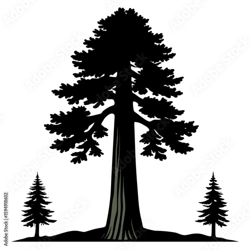 Silhouette of a large redwood tree with two smaller pine trees isolated on white background