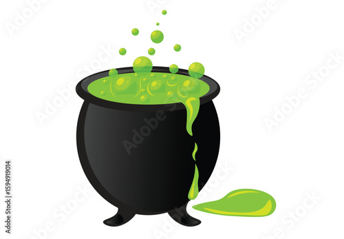 Black witches cauldron with potion. Vector illustration.