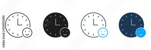 Clock With Smiling Face Line And Solid Icon Set. Time Management And Positive Productivity Symbol Collection. Encouraging Efficient Work And Happiness. Isolated Vector Illustration