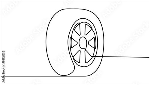 continuous drawing of a car tire in one line. vector, One continuous line illustration of a car wheel, isolated on white background. Wheel continuous one line drawing. Automobile tire symbol. 