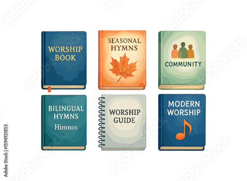 Collection of worship and hymn books with seasonal and community themes