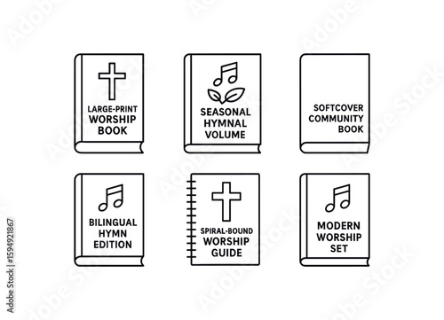 Illustrated icons of worship and hymnal books for various uses
