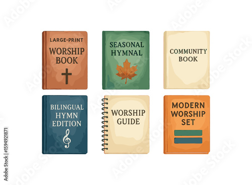 Diverse worship books collection: hymnals, guides, and editions featuring symbols