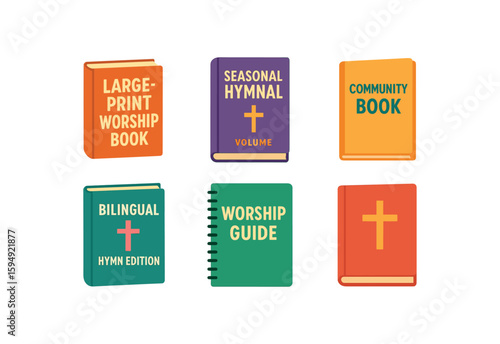 Colorful hymnals and worship books collection with cross motifs