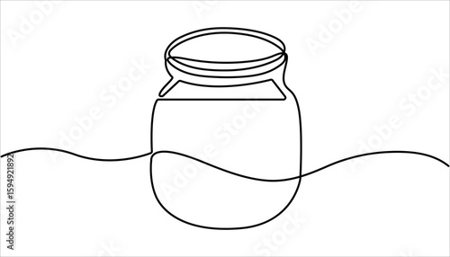 Glass canning jar in continuous line art drawing style. Food preserve. Hand drawn vector art, One line continuous drawing vector illustration.