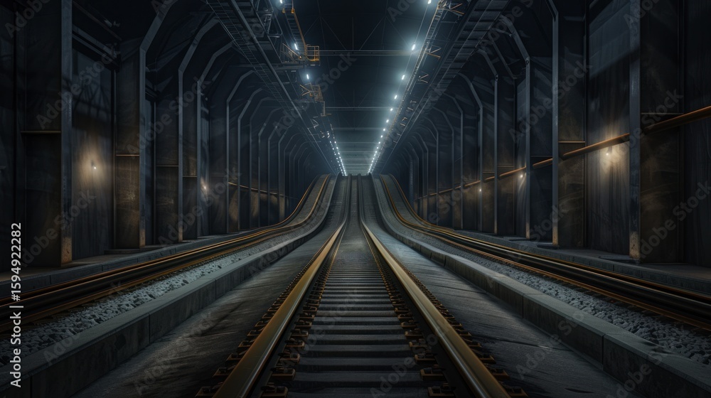Fototapeta premium Industrial railway tunnel interior at night.