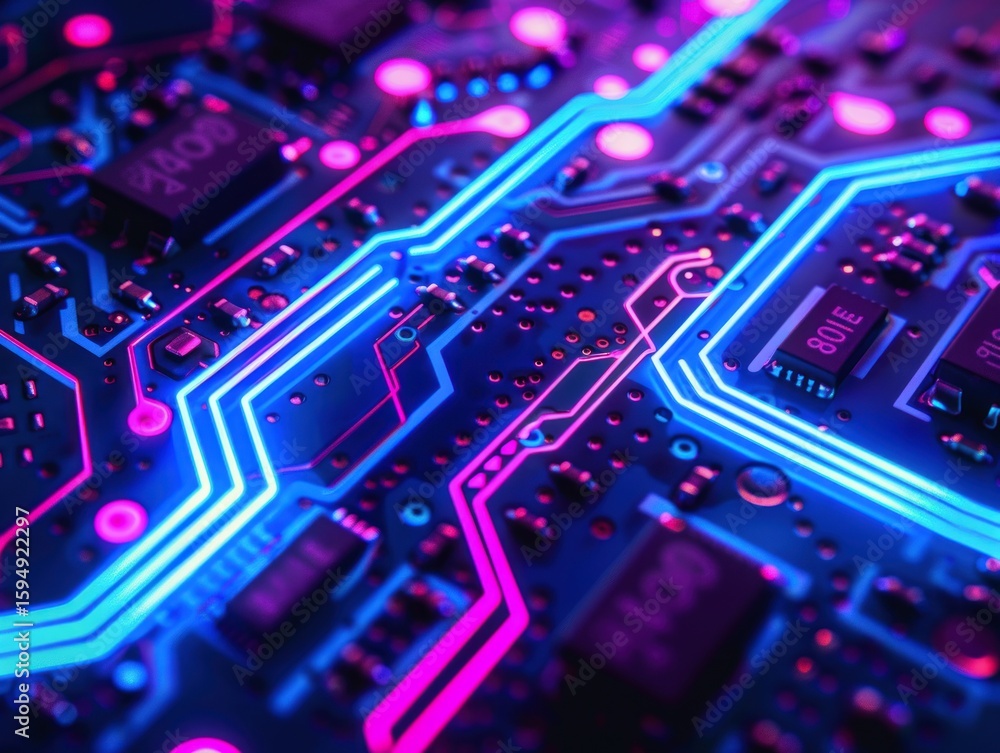Obraz premium Close-up view of vibrant neon-lit circuit board.