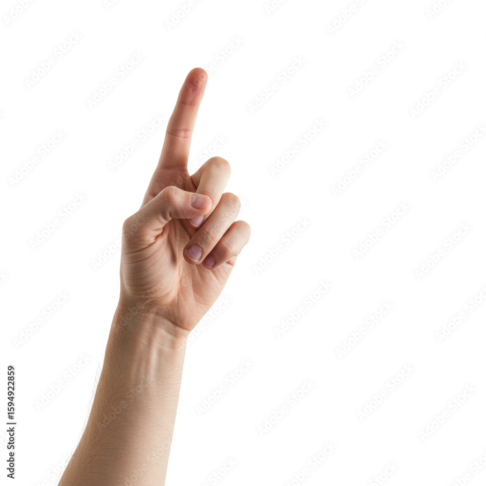 A bare, fair-skinned male hand with index finger pointing upwards, poised mid-air against a pristine transparent high-key studio background, clean and precise digital interaction concept A bare, fair-skinned male hand with index finger pointing upwards, poised mid-air against a pristine transparent high-key studio background, clean and precise digital interaction concept