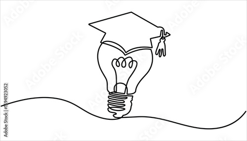 One single line drawing of light bulb wearing graduation hat logo identity. Light bulb and graduation cap continuous line drawn. Creative smart idea symbol.