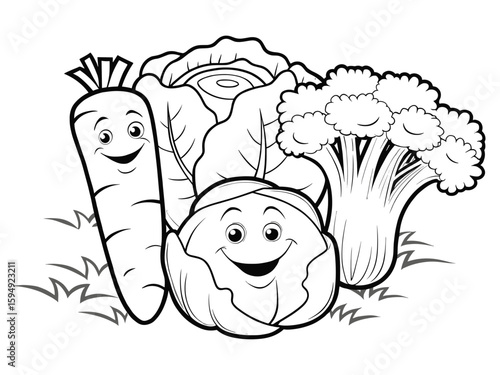 Happy vegetables smiling together in a garden scene coloring page for kids activities and educational worksheets 