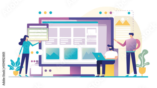 Illustration of three people interacting with a large computer screen displaying a user interface design