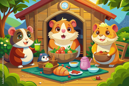vector of Cute guinea pigs enjoying a party in their cozy wooden house...
