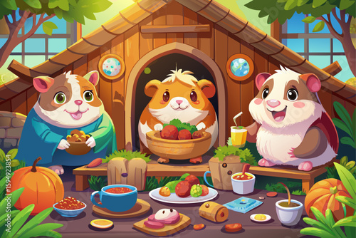 vector of Cute guinea pigs enjoying a party in their cozy wooden house...