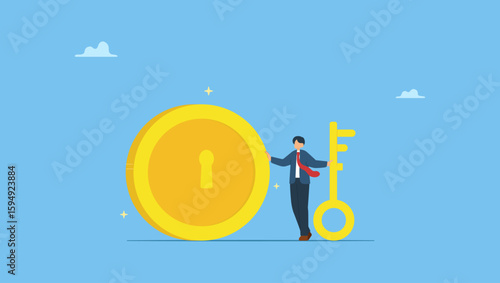 Smart businessman investor holding huge golden key to unlock coin keyhole. Financial key success, unlock secret reward for investment opportunity, wealth solution to make money and gain profit.