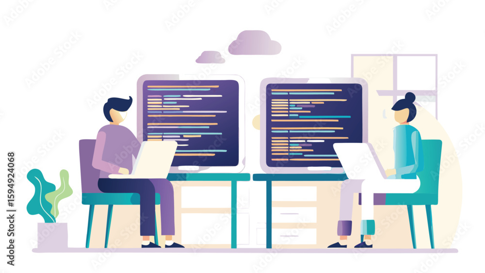 Two developers working on computers with code displayed on screens in a bright and modern office space Two developers working on computers with code displayed on screens in a bright and modern office space