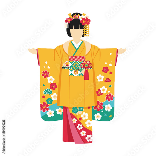 Woman in yellow kimono with floral patterns celebrating Tanabata festival  