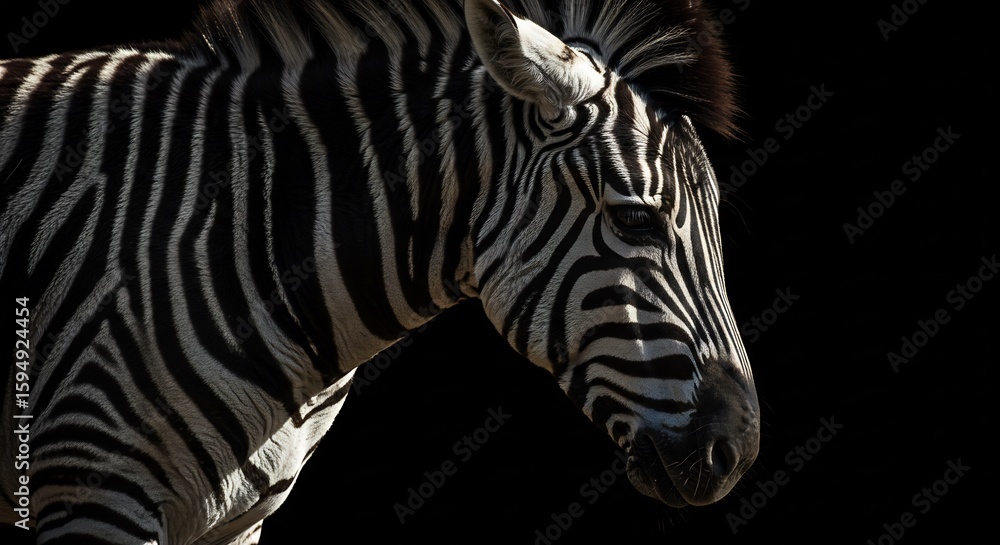 Naklejka premium 黒背景際立つシマウマ 力強い黒白コントラスト
