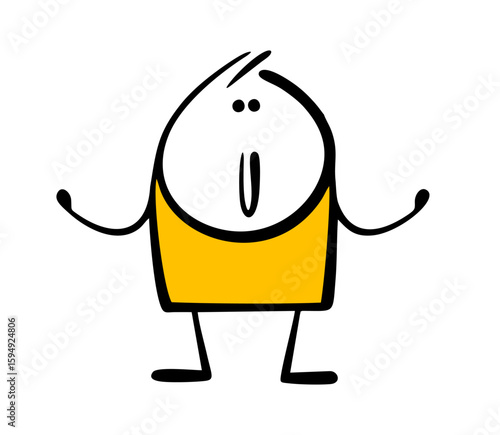Funny stickman wants to cuddle. Vector illustration of a cartoon boy opening his arms, greeting the guests.