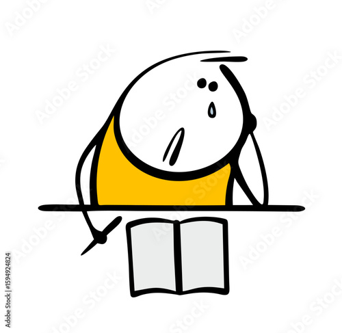 Sad child sits over a notebook and does his homework. Vector illustration of a math lesson at school, a student solves  problem, cries, suffers. Cartoon stickman is writing an essay.