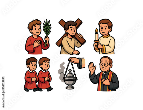 Young caucasian boys in religious roles and mature priest illustrations