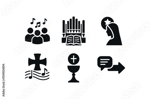 Religious icons with choir, organ, mary, cross, chalice, and speech bubble