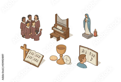 Religious symbols and choir with organ, mary statue, chalice, prayer books illustrated