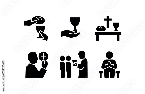 Christian communion symbols: bread, wine, cross, priest, congregation