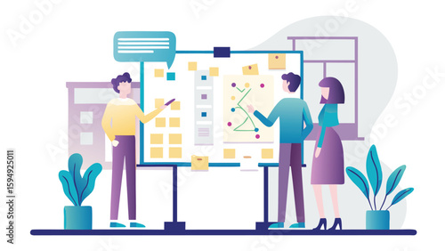 Illustration of a business meeting with three people and a whiteboard with sticky notes and a chart