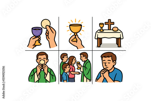 Christian communion and worship symbols with people and eucharist elements