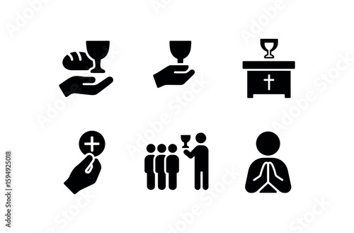 Christian communion symbols: bread, chalice, altar, worship, prayer