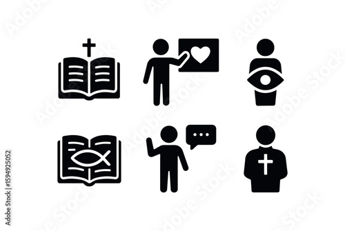 Christian symbols and people icons with bible, cross, and heart