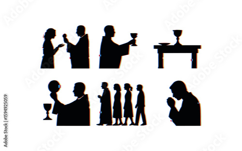 Silhouettes of religious rituals with male and female participants