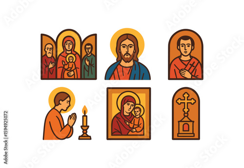 Icon set of religious figures and symbols