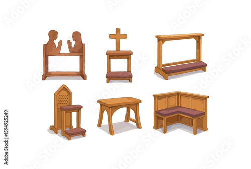Wooden church furniture: pews, cross stand, confessional, prayer bench, kneeler