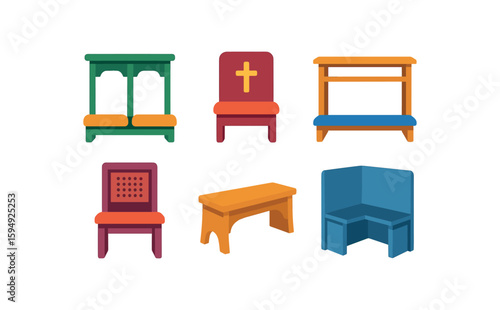 Colorful assorted church kneelers and chairs collection