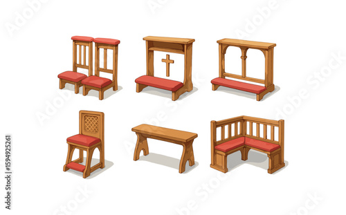 Collection of wooden church prayer kneelers with red cushions