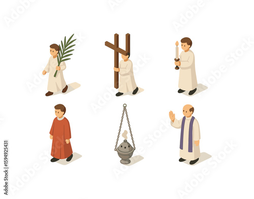 Isometric illustrations of religious characters and objects