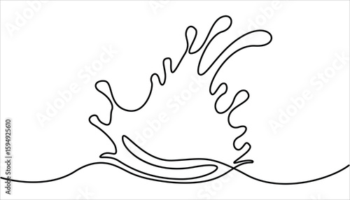 Continuous one line drawing water splashes wave twirl isolated surge blue sparks breaker. One continuous line drawing closeup of fresh and clear splash of water isolated on white background.