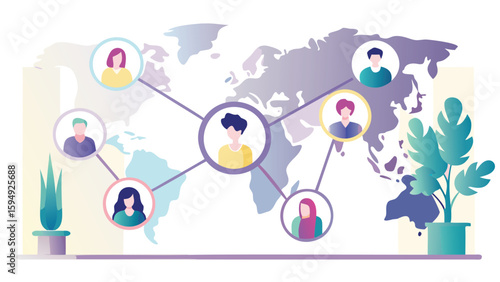 Global network connecting diverse people around the world with plants and world map background