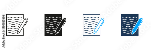 Document And Pen Line And Solid Icon Set. Writing, Note-Taking, And Documentation Symbol Collection. Ideal For Education, Office, And Communication Themes. Isolated Vector Illustration