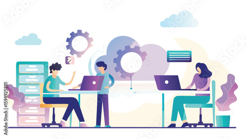 People collaborating on laptops in a modern office space with cloud and gear icons overhead design